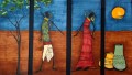 pareja negra bajo la luna en 4 paneles africanos